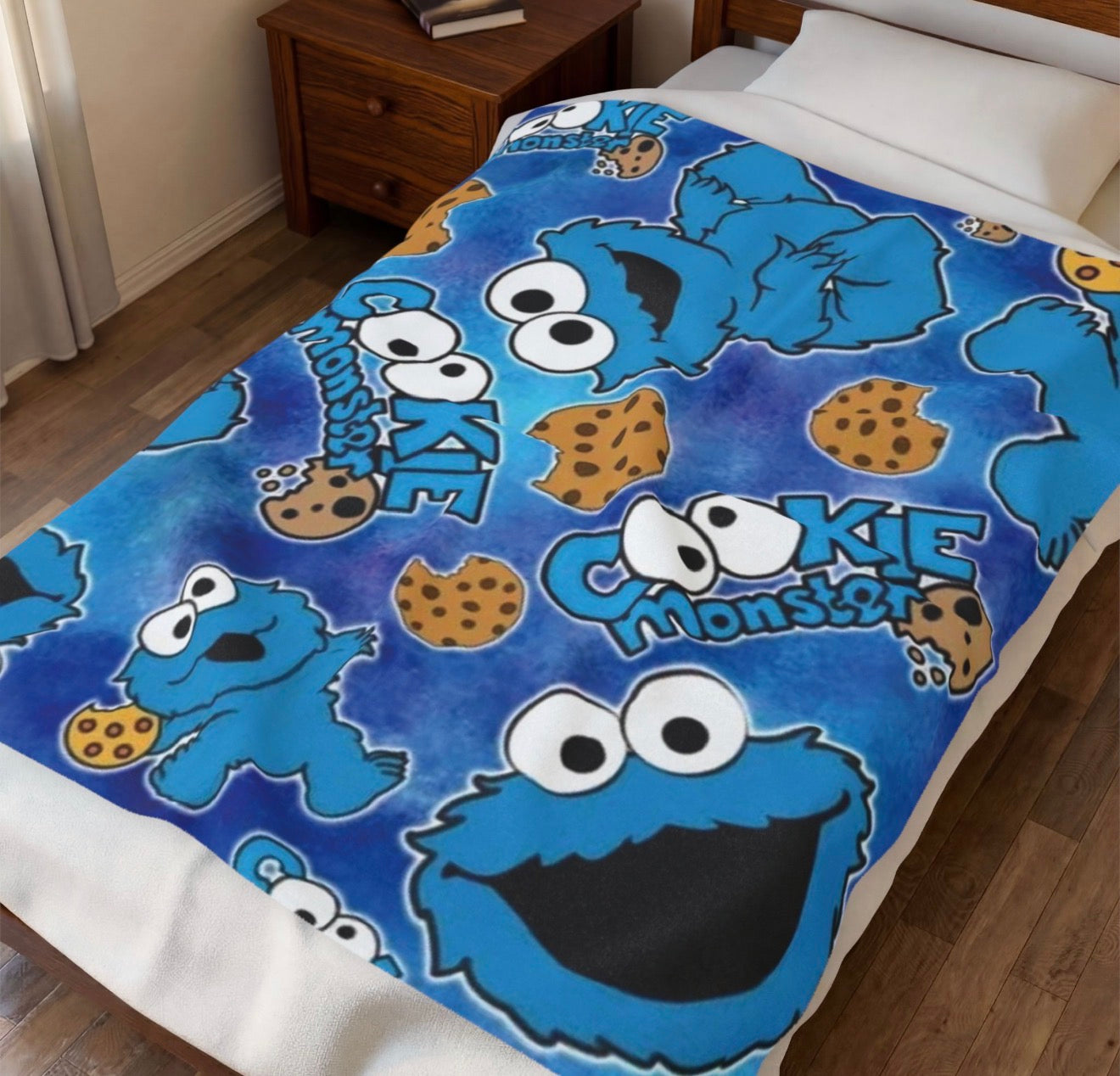 Blue Cookie Monster plush blanket kids bedroom throw over blanket