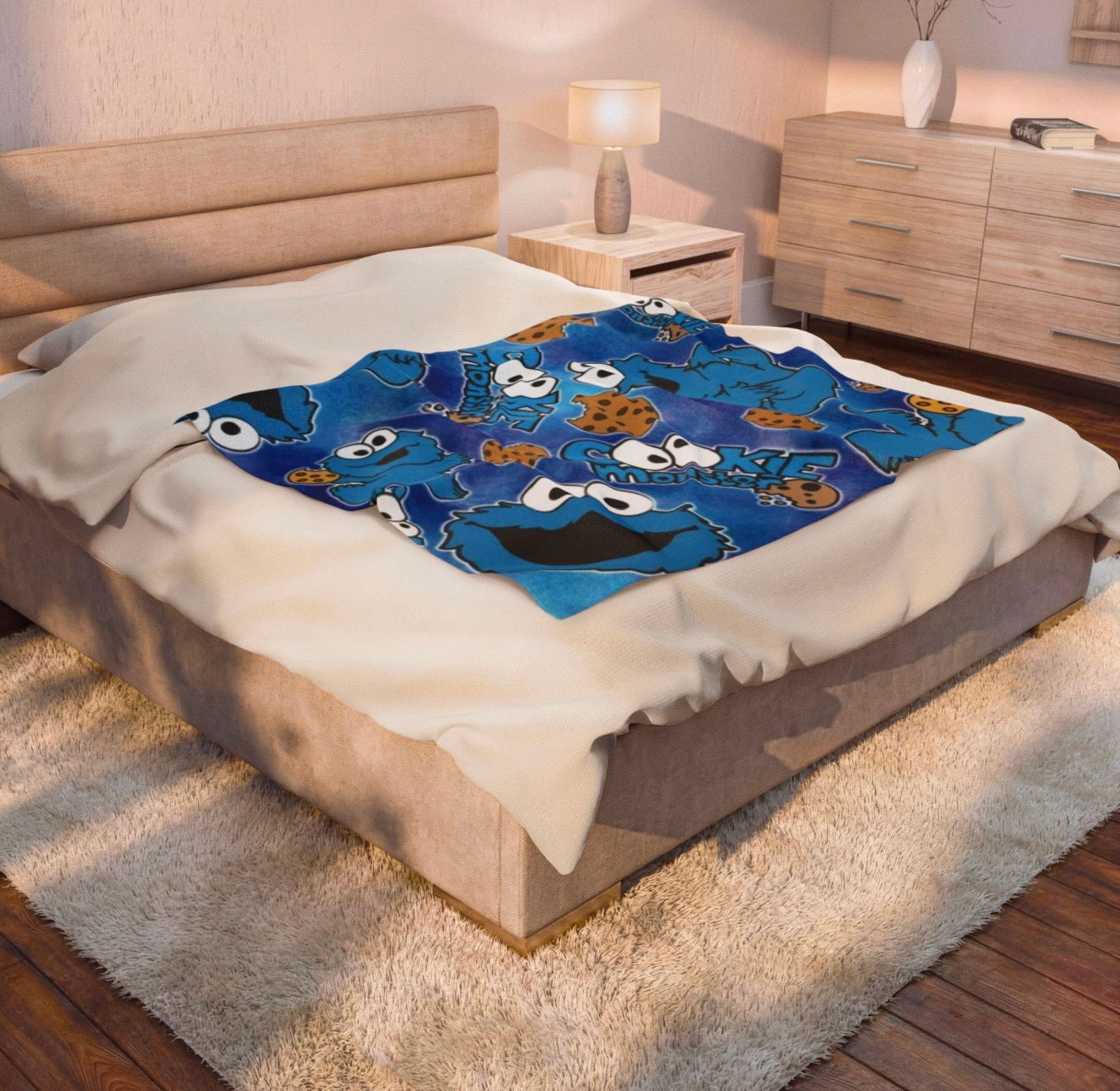 Blue Cookie Monster plush blanket kids bedroom throw over blanket